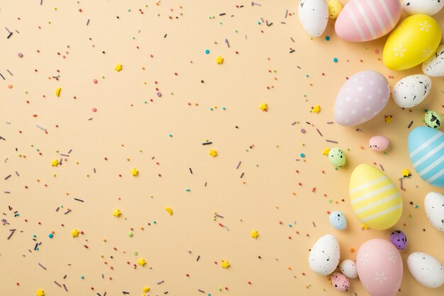 Photo top view of few multicolored eggs different size with colorful sprinkles in shape of stars and dots scattered on beige empty background