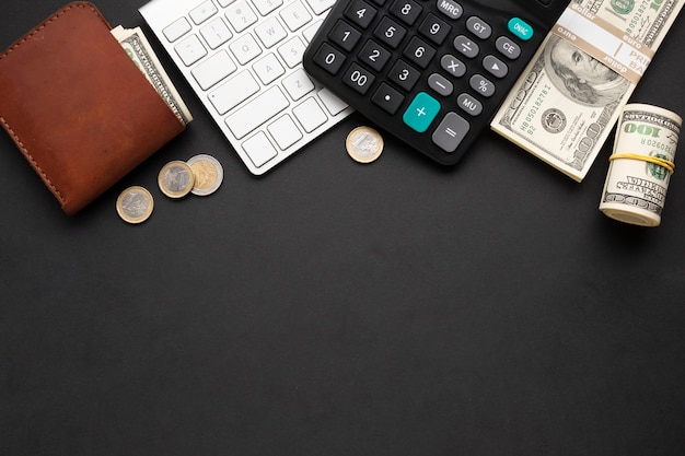 Photo top view of financial instruments on dark background