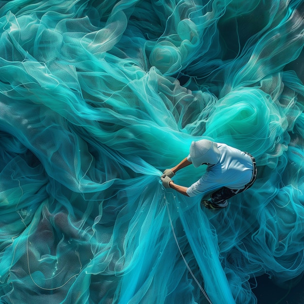 top view of fisherman is standing in a blue and green piece of fabric net