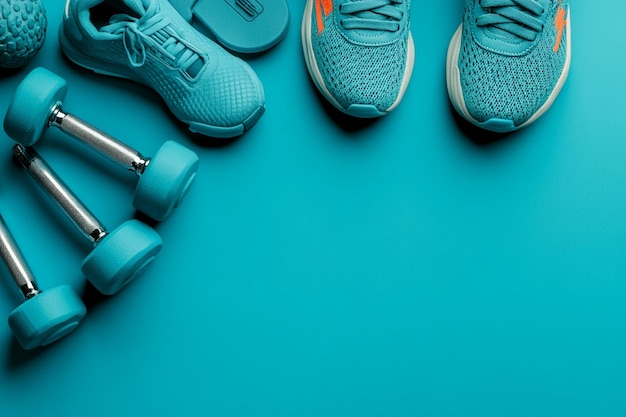 Photo top view of fitness accessories dumbbells and sneakers on blue table with copy space