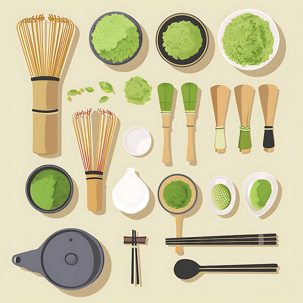 Top View Flat Lay of Matcha Green Tea Accessories Utensils and Ingredients on Beige Background