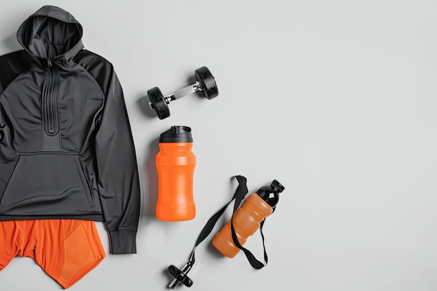 Photo top view flat lay of sportswear a shaker and dumbbells on a white background representing home training concept