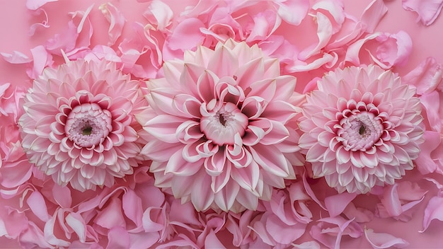 Top view or flat lay of three pink flowers decoration on pink background