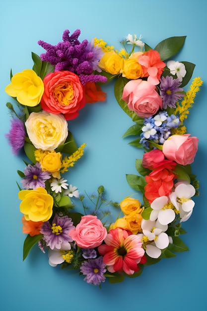 Top view of floral wreath made of beautiful colorful flowers on blue background