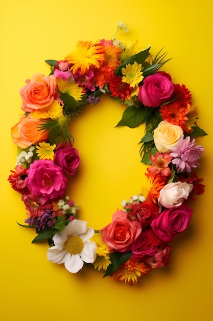 Top view of floral wreath made of beautiful colorful flowers on yellow background