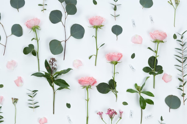 Top view of flower composition with roses