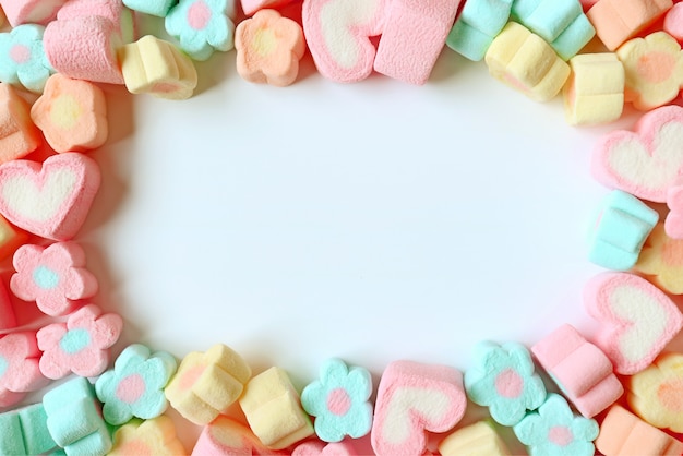 Top View of Flower Shaped and Heart Shaped Marshmallow with Free Space for Design