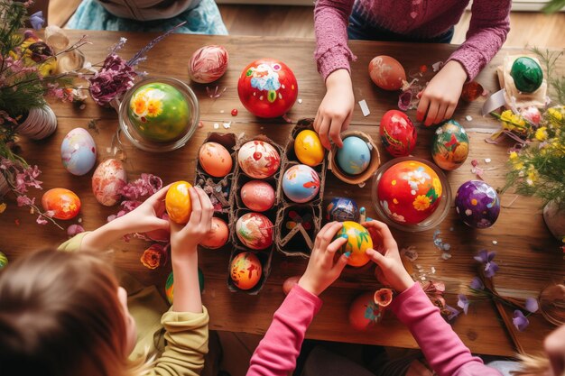 Top view fo children are preparing colorful easter eggs on wood table By generative Ai