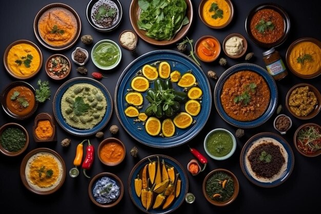 Top view food arrangement on table