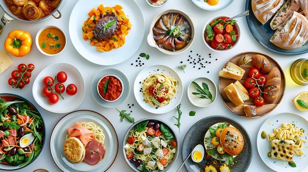 Photo top view of food assortment luxury buffet flat lay selection of plates and dishes on generative ai