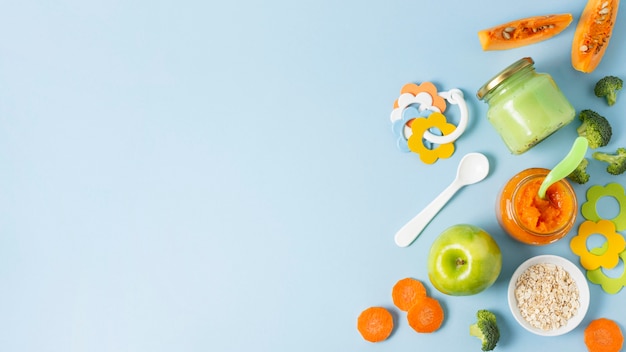 Top view food frame with blue background