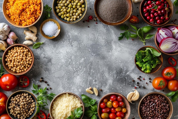 Top view food frame with grains and vegetables