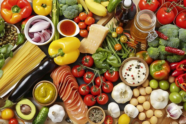 Top view of food ingredients and condiment on the table