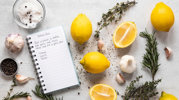 Top view of food ingredients with herbs and lemons