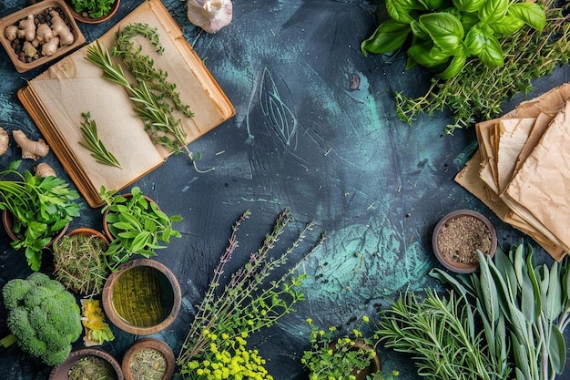 Top view of food ingredients with herbs and notebook