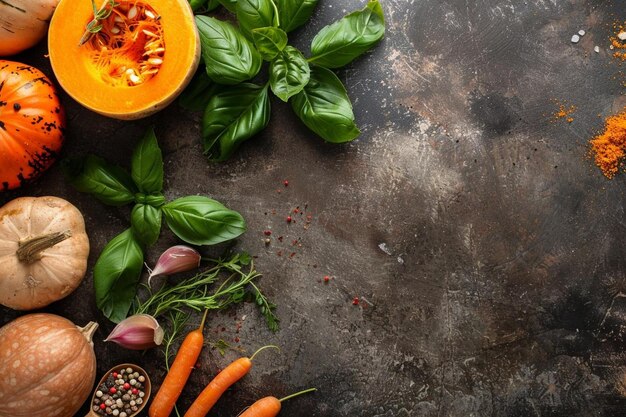 Top view of food ingredients with pumpkin soup