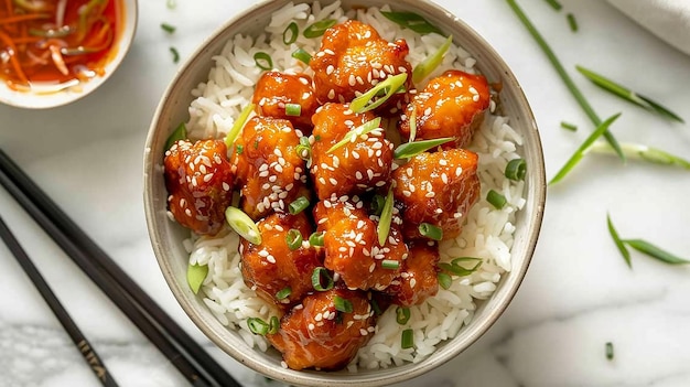 Top view food photography orange chicken rice