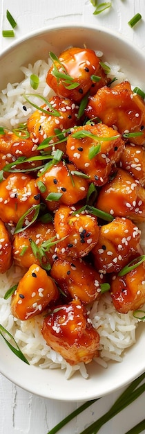 Top view food photography orange chicken rice