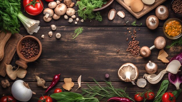 Top view of Food Rustic wooden table background ingredients for vegan dishes vegetables root