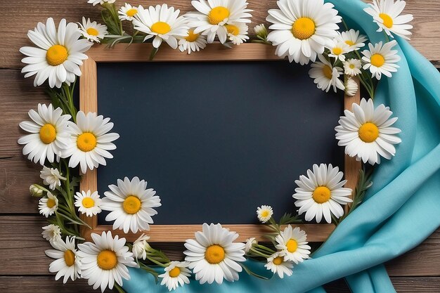 Photo top view frame with daisies and scarf