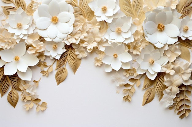 Top view frame with white paper flowers and background