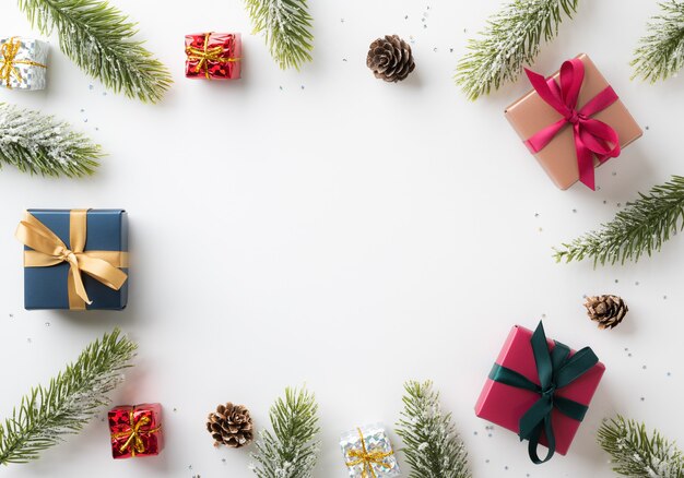 Top view of framing christmas decoration mockup arranging in minimal style