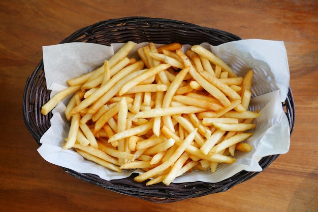 Top view of french fries in a bowl on table