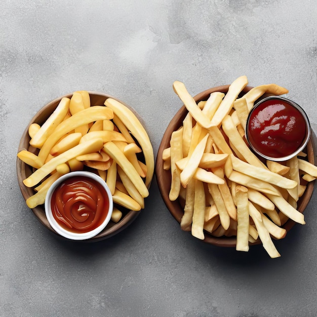 Top view of french fries in a bowl with ketchup sauce on a white background Generative AI