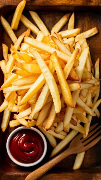 Top view of french fries bowl on wooden surface