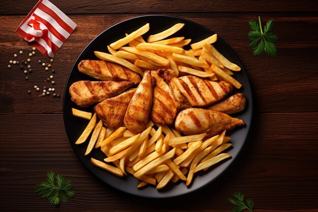 Photo top view of french fries with chicken slices on brown table