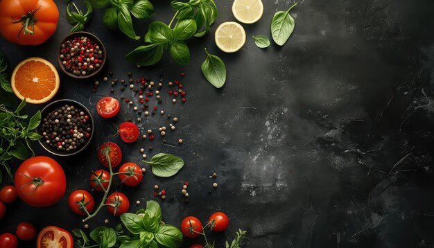 Top view of fresh basil leaves cherry tomatoes lemon and peppercorns on black background