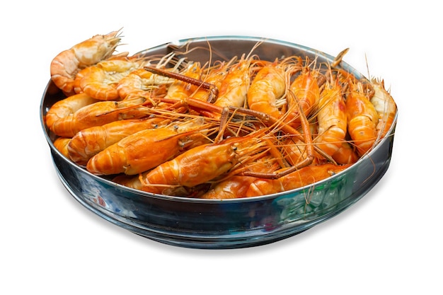 Top view of fresh big prawns boil and prepare for shrimp menu in a stainless pot focus selective