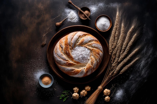 Top view of fresh bread with flour and wheat ears on a dark board