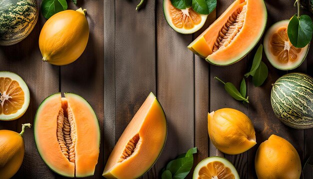 Top view of fresh cantaloupe melon slices on wood kitchen board with lemons on grey wood