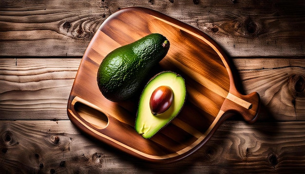 Photo top view of fresh cutted avocado on wooden board