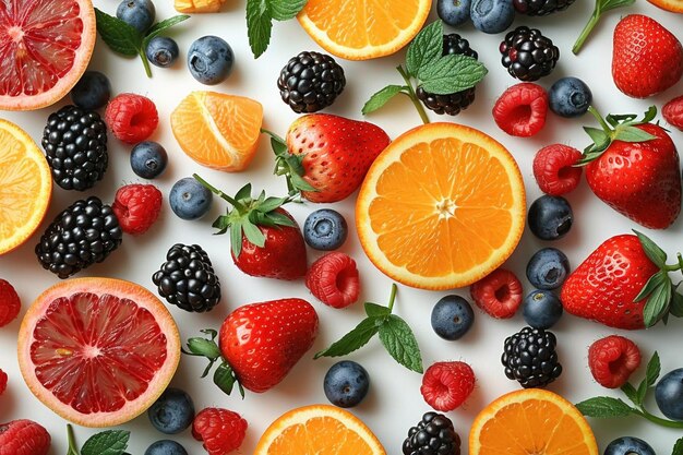 Top view fresh fruits composition different fruits on a white background