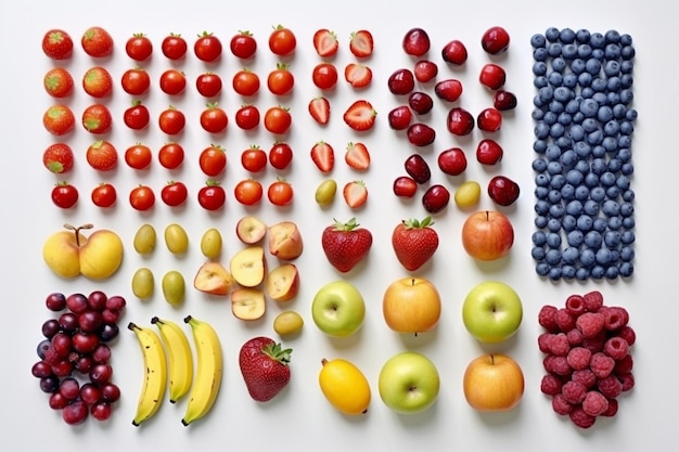 Top view fresh fruits different mellow fruits on white background health tree color tasty ripe berry