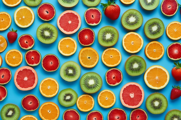 Photo top view fresh fruits lined on blue background