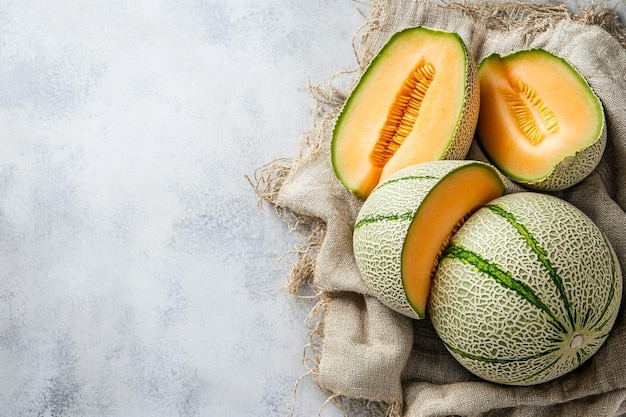 Photo top view of fresh and healthy cantaloupe melon with slices on sack cloth on white