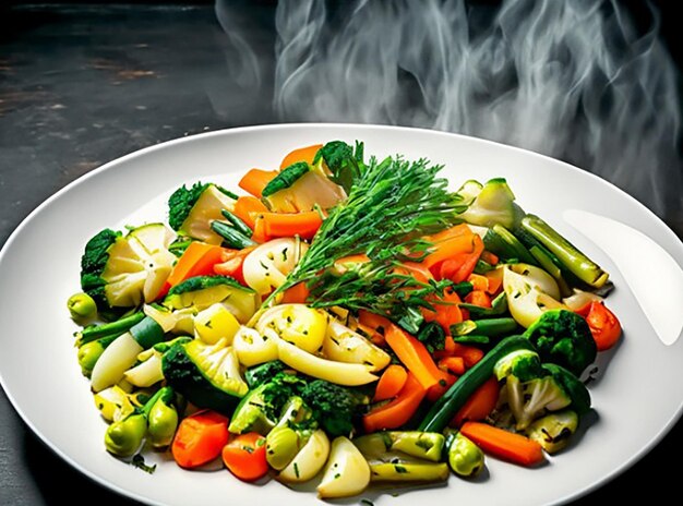 Top view of fresh and healthy vegetable salad on white background