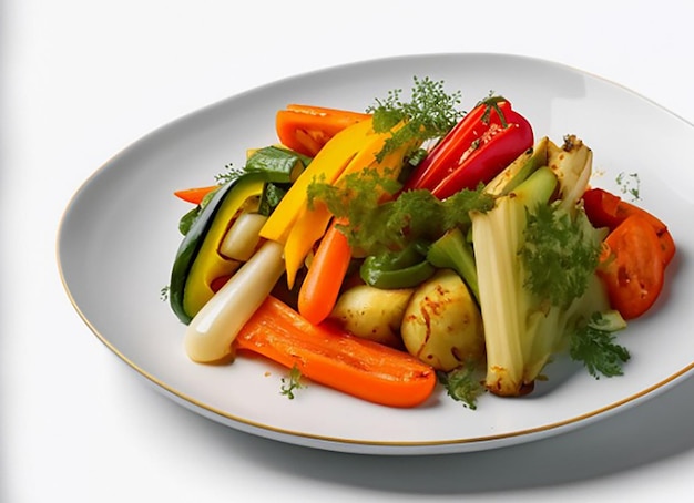 Top view of fresh and healthy vegetable salad on white background