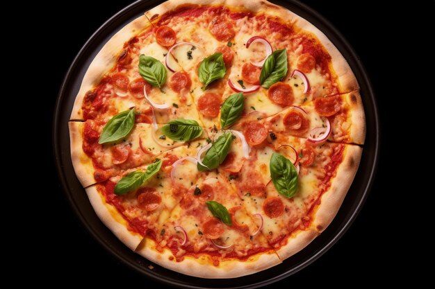 Top view of fresh Italian margherita pizza with salami basil and tomato isolated on white background