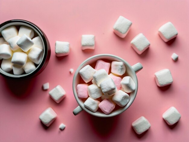 A top view fresh milk along with white marshmallows on pink sugar sweet candy