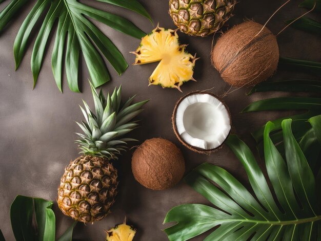 Top view of fresh pineapple coconut with tropical monstera leaves