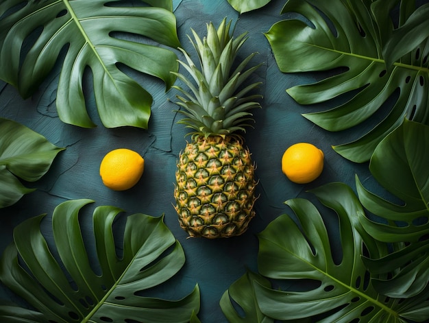 Top view of fresh pineapple with tropical monstera leaves