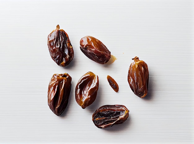 top view of fresh pitted dates on white wooden desk