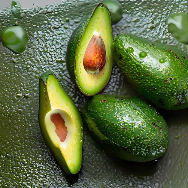 Top view fresh raw organic green avocados with water droplets