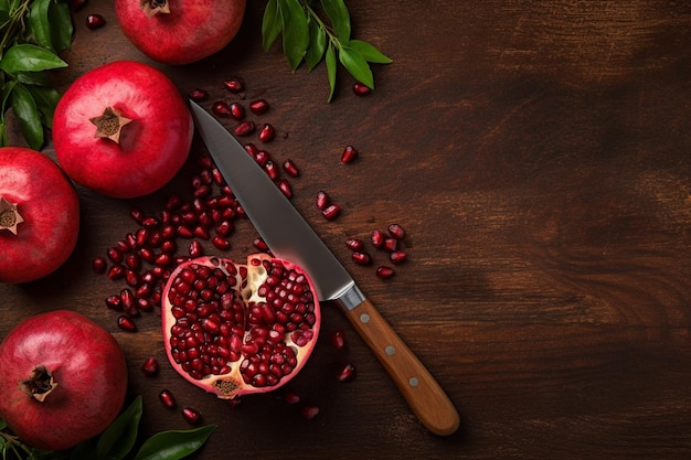 Photo top view of fresh red pomegranates on a wooden kitchen board with knife with pomegranate seeds on a