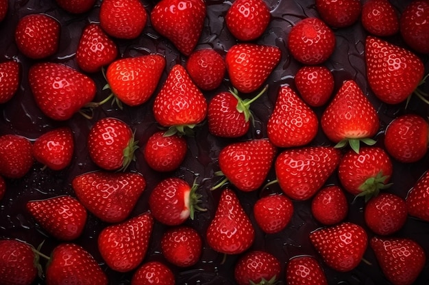 Top view fresh red strawberries on a dark table color fruit raspberry berry