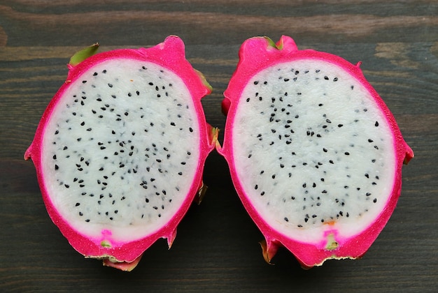 Top View of Fresh Ripe Dragon Fruit Cut in Half Showing Delectable White Juicy Flesh